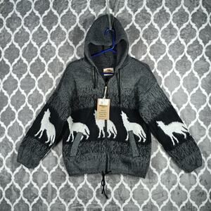 Earth Ragz Hoodie Men Medium Gray Black Wolf Zip Sweater Jacket Knit Howling